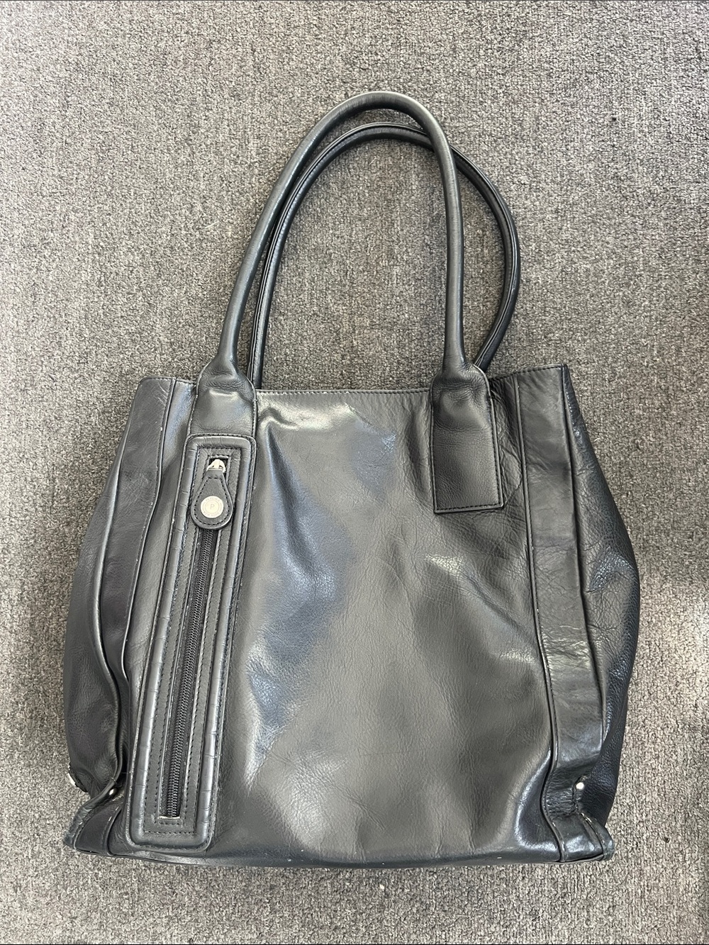 Perlina Black Leather Tote with Front Zip Accent